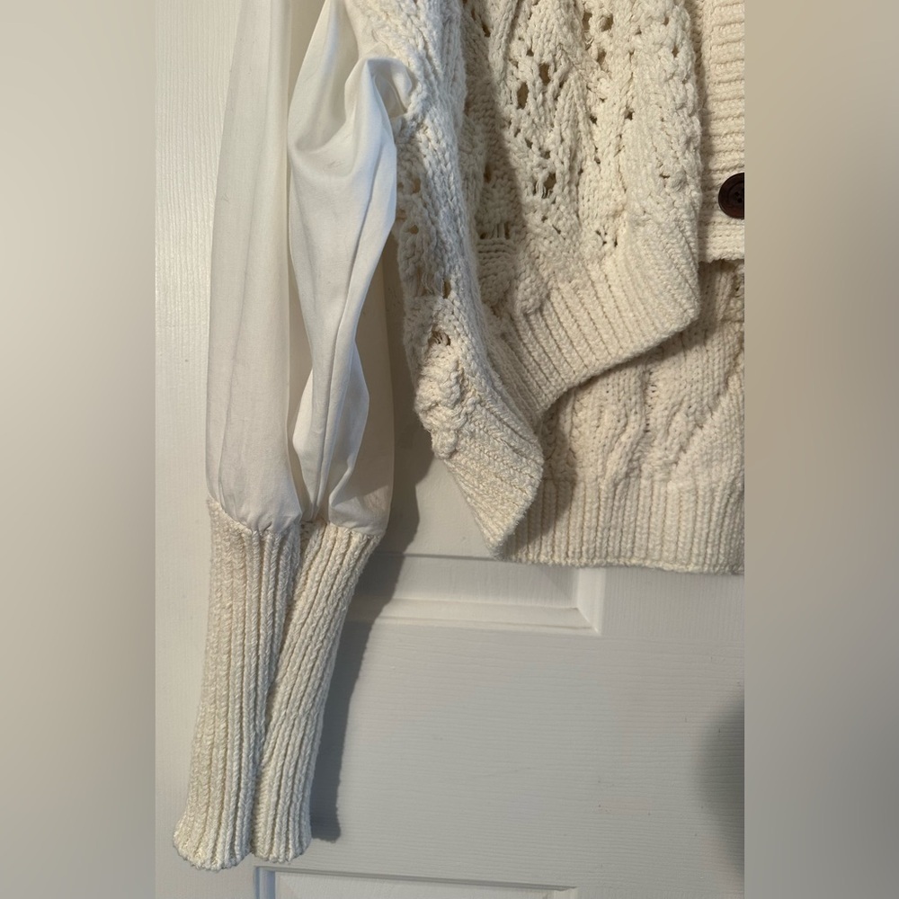 ANTHROPOLOGIE S Romantic Fisherman Poet Sleeve Crop Cable Knit Bohemian Sweater - Picture 6 of 16